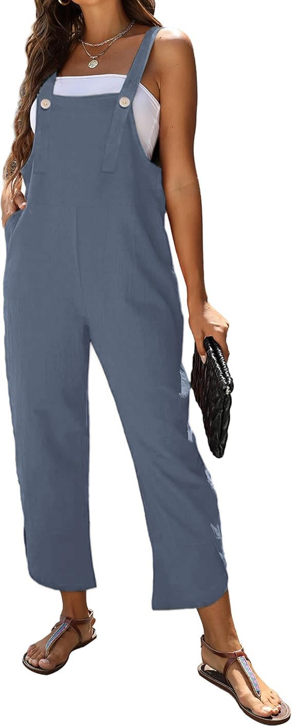 Women's Sleeveless Cotton Linen Overalls Rompers Baggy Wide Leg Jumpsuits