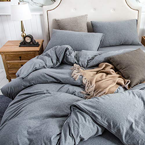 Pure Era Jersey Knit Duvet Cover Set 100% T-Shirt Cotton Super Soft Comfy 3Pc Bedding Set With Zipper Closure (Heather Blueish Grey, Queen) #TOP3