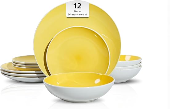 HomeVss, Stoneware Coupe Shape 12pc Dinnerware Set, Outside White + Inside Yellow