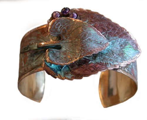 Elaine Coyne Collectible Artwear Verdigris Patina Wearable Art Double Leaf Cuff Bracelet - Amethyst, Charoite