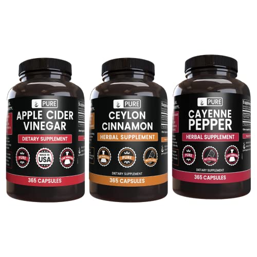 Pure Original Ingredients Ceylon Cinnamon, Cayenne Pepper, Apple Cider Vinegar Bundle (365 Capsules) #TOP30