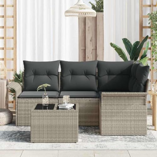 Salon de jardin 5 pcs gris clair en polyrotin avec table et canapé modulable