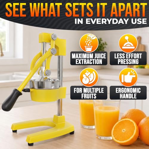 Image of Cast Iron Juicer Hand Press, Heavy-Duty Squeezer (Yellow) | Lever Manual Citrus Press Juicer & Orange Squeezer for Lemon, Lime & Lemonade; Steel Cone & Strainer; for Home or Bar