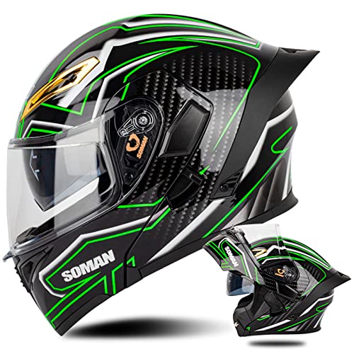 Casco Modulare Moto con Doppia Visiera Casco Moto Integrale Omologato ECE con Visiera Doppia Antigraffio Caschi Moto Modulari Uomo e Donna, Nero Verde-M