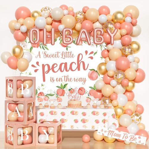 Costova Peach Baby Shower Decorations A Sweet Little Peach Is on The Way Baby Shower Decorations Peach Themed Backdrop Balloon Tablecloth Cake Topper Sash for Sweet as a Peach Girls Party