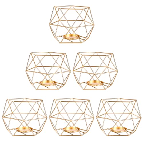 CYEER Lot de 6 bougeoir doré Géométriques en Métal, Vintage Chandelier Doré, Bougeoirs Pilier Géométrique Design Moderne de Anniversaire Maison Décoration Métal