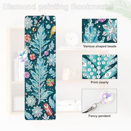 Image of 4 Pcs DIY 5D Diamond Painting Bookmark Kits, Special Shaped Acrylic Crystal Rhinestones Book Marks, Feather Diamond Art Bookmarks Crafts with Crystal Pendant, Handmade Tassel Bookmarks Gift Set