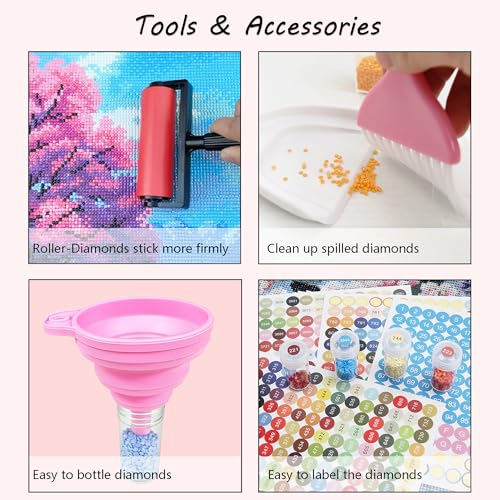 Image of Muzagroo Art Diamond Painting Storage Case 120 Slots Bead Portable Shockproof Organizer and Accessory Box with 5D Diamond Art Accessories and Tools Kits L (Pink-Deluxe Set)