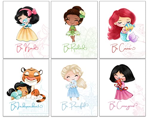 ABBAGLARE - Disney Princess Prints, Disney Princess Poster, Princess Wall Art, Set of 6 - (8 x 10 Inch) UNFRAMED - Inspirational quotes kids, Princess Bedroom Decor, Princess Room Decor, Princess Wall Decor For Girls Bedroom Moana, Little Girl Room D