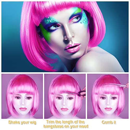Image of PLULON Peach Pink Bob Wig and Sunglass Set, Neon Short Bob Wig Sunglass Pack Costume Colorful Cosplay Wig Hairpieces for Bachelorette Neon Party Favors, Halloween Decorations