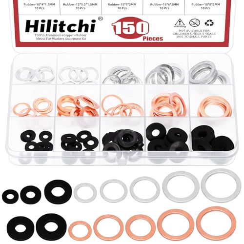 Image of Hilitchi 150Pcs Aluminum Copper Oil Drain Plug Gasket and Black Nylon Flat Washer Assortment Kit, M10 M12 M14 M16 M18 Oil Crush Washers Sealing Washers Rubber Grommet for Car Household Appliances