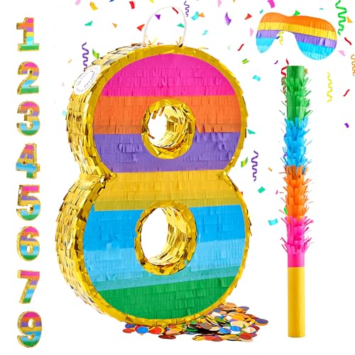 MUWOOB Rainbow Number 8 Pinata for 8th Birthday Party Decorations, Fiesta, Kids Anniversary Celebration, Birthday Pinata with Stick, Blindfold and Confetti (Small, 16.5 x 11.5 x 3 In)