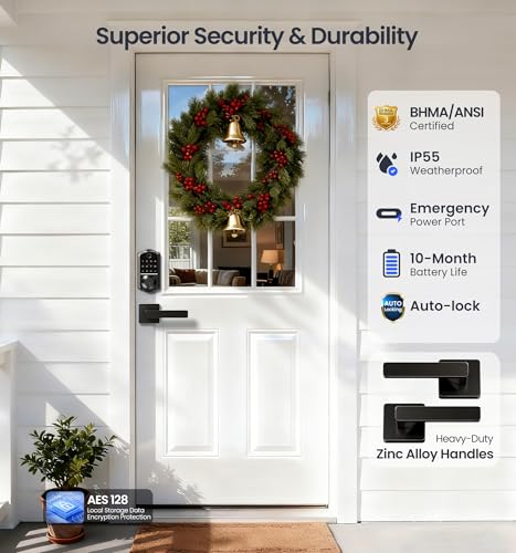 Veise VE017-B Fingerprint Smart Lock for Front Door, App Control, 8-in-1 Keyless Entry Deadbolt with 2 Zinc Alloy Lever Handles Set, Emergency Power Port, Auto Lock, Electronic Keypad, Black - Image 6