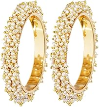 Traditional Gold Plated Pearl Bangles for Women | Designer Ethnic Wedding Jewellery Set | Bridal Kada Style Bangles Pair
