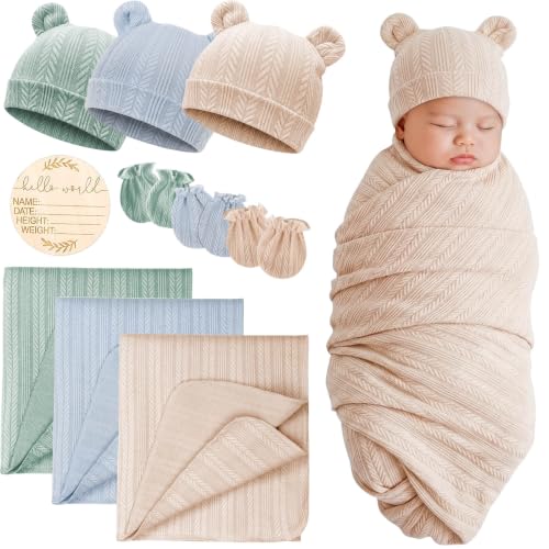 Image of BQUBO 3 Sets Baby Swaddle Blankets Swaddling Wrap with Hats Mittens Newborn Soft Silky Nursery Receiving Blanket Cute Bear Ears Hat Elastic Gloves Set for Unisex Baby 0-3 Months