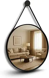 Espelho Decorativo Redondo Adnet Suspenso com Alça Costurada em Couro Ecológico para Banheiro Quarto Sala (Preto/50cm)
