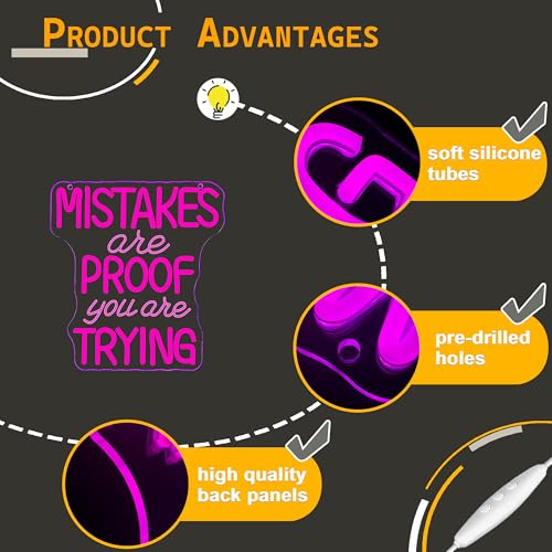 Image of Allball Mistakes Are Proof You Are Trying Neon Sign, Motivational Neon Sign USB Powered LED Dimmable, for Classroom Office Children Room Bedroom Living Room Sign, Graduation Gift(11.8 * 11 In)