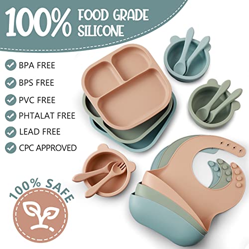 Zubebe 15 Pcs Baby Led Weaning Supplies Silicone Baby Feeding Set Divided Toddler Plates Suction Plates For Baby Eating Supplies Toddler Utensils Suction Bowl Spoon Fork Silicone Bib (Fresh Color) #TOP1