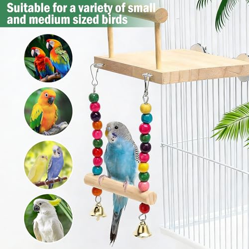 Wellensittich Spielzeug, Vogelspielzeug Wellensittiche mit Glocke Schaukel Holz Vogel Vogelkäfig Zubehör zum Aufhängen Natur Interaktives Sitzbrett für Papageien Finken Sittiche