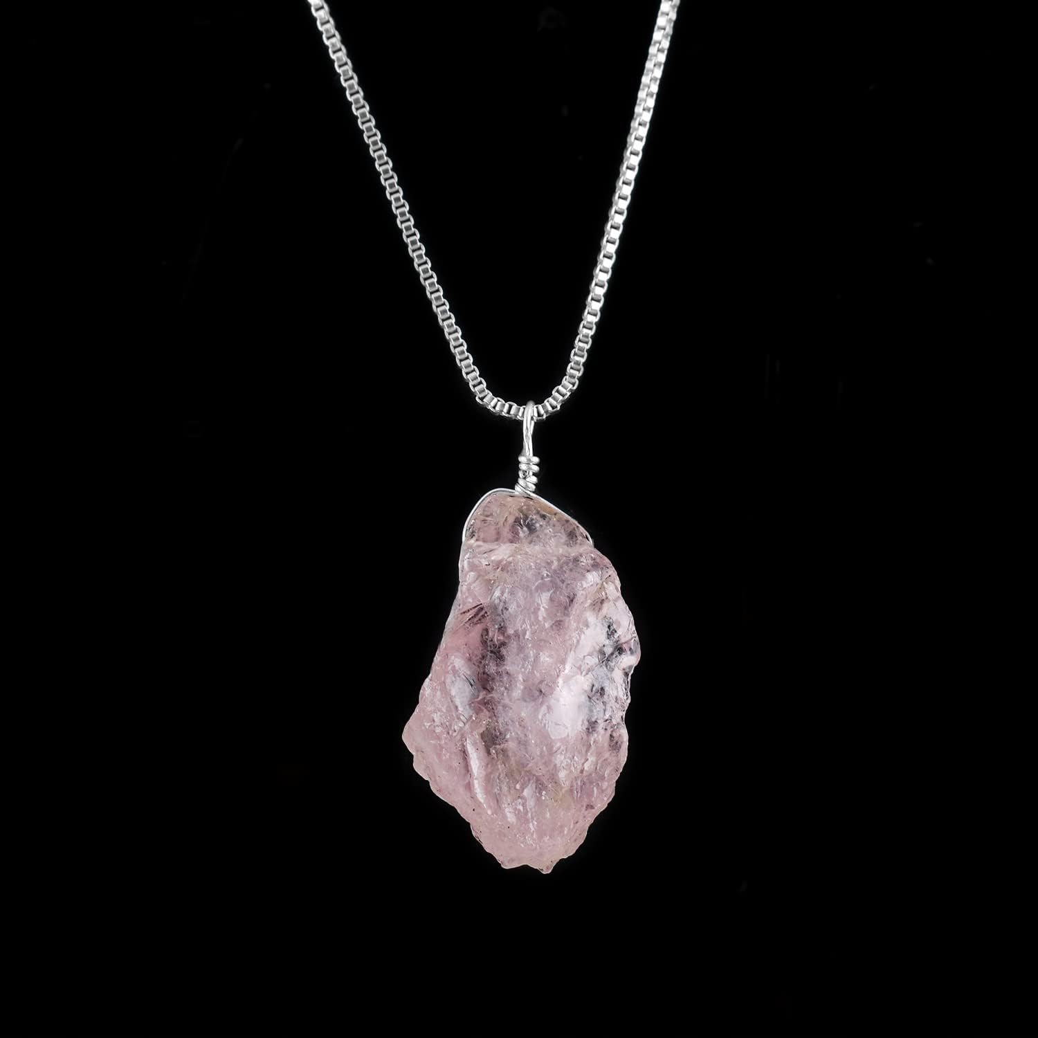 YANARA Natural Raw Pink Morganite Stone Rough Crystal Gemstone Dainty Women Pendant Necklace, Chakra Healing Crystals, Birthstone, Silver Plated Chain 18 inch - Image 3