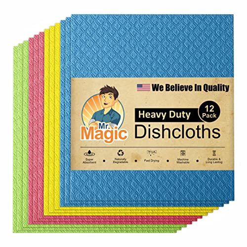 Mr.magic Dish Cloths, Absorbent Kitchen Hand Towel, Dishcloths,Washing Dishes, Reusable, Cellulose Cleaning Sponge, Dishwashing, Biodegradable Cellulose Eco Dish Cloth,Assorted Colors, 12 Packs #TOP5