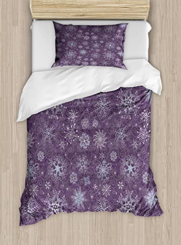 Ambesonne Eggplant Duvet Cover Set, Christmas Inspired Flowers Snowflakes and Swirls in a Violet Delicate Environment, Decorative 2 Piece Bedding Set with 1 Pillow Sham, Twin Size, Violet