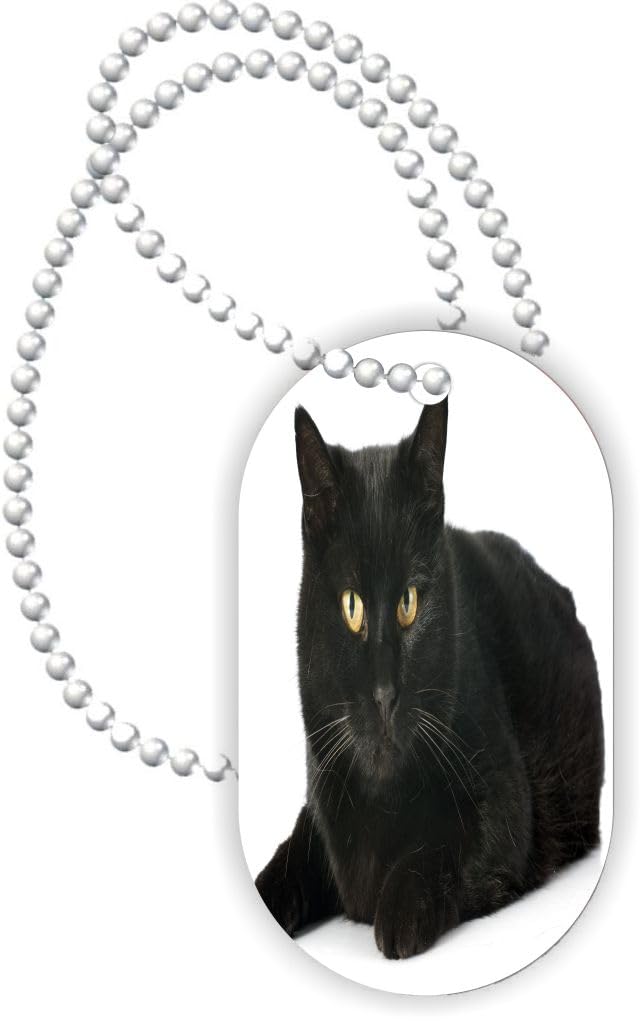 Island Gifting - Black Cat with Gorgeous Bright Yellow Eyes - Aluminum Dog Tag Necklace Pendant with Ball Chain