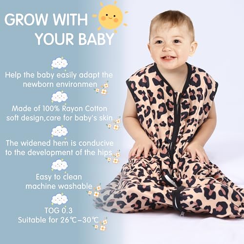 Image of BSTOPPT 3 Pack Baby Sleep Sack 100% Rayon Cotton Baby Sleeping Bag 2-Way Zipper Toddler Wearable Blankets TOG 0.3. (Leopard&Cobble&Green, 6-12 Months)
