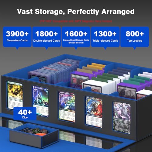 Image of Kabinka MTG Card Storage Box with Handle & Mechanical Latch,5-Row 3900+ Commander Trading Card Case with Sealed Display Window,Top Loaders Organizer Deck Box for MTG /TCG /PTCG /Sports Cards (Black Blue)