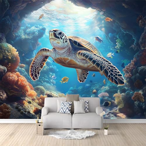 Vlies Fototapete 3D Effekt Blau Unterwasserhöhlen Meeresschildkröten Korallenriffe Vliestapete - Wandtapete Für Wohnzimmer Schlafzimmer Büro Flur Tapete Kinderzimmer Wandtapete 300 x 210 cm