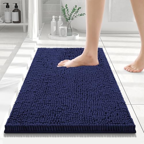 Smiry Luxury Chenille Bathroom Rugs 24x16, Extra Soft and Absorbent Shaggy Bath Mat, Machine Washable, Non-Slip Plush Carpet Runner for Tub, Shower, and Floor, Home Decor Accessories, Navy Blue