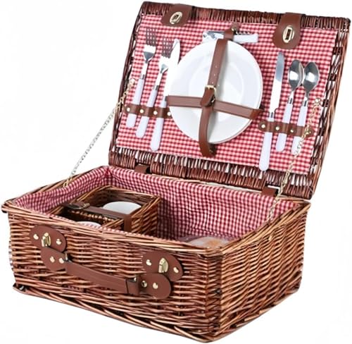 QINMOZH ピクニックラタン 籐製バスケットセット 食器 調理器具付き に最適 手作り 洗える裏地 持ち運び可能 蓋付き 収納ボックス 収納 アウトドア キャンプ (Bタイプ)