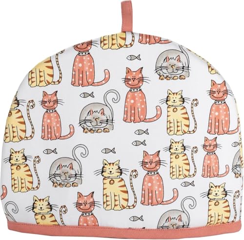 SPOTTED DOG GIFT COMPANY Tea Cosy, Cotton Teapot Warmer with Happy Cats Design, Insulated Cover for Small Medium or Large Tea Pots 27cm x 33cm