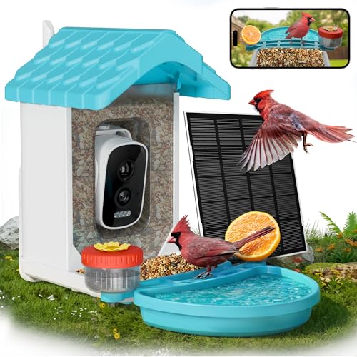 VISIOGEAR 2-in-1 Smart Wild Bird Feeder & Bath with 4K HD Camera AI Identification Solar Bird Feeder Watching Camera Night Vision for Outdoor Birds Watching Gifts for Birdlover Blue