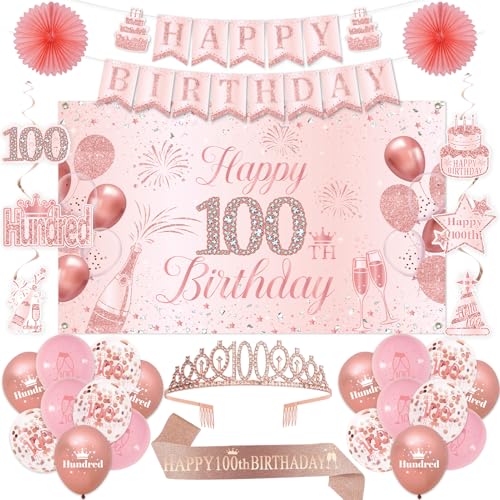100th Birthday Decorations for Women 100th Rose Gold Birthday Party Supplies 100 Years Celebration Kit Including Backdrop Crown Sash banner Hanging Swirl Balloons Paper Fans for Her