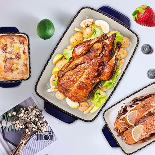 AVLA 3 Pack Ceramic Bakeware Set Porcelain Rectangular Baking Dish Lasagna Pans for Cooking Kitchen Casserole Dishes Cake Dinner 12 x 8.5 x 6 Inches of Baking Pans Banquet and Daily Use Cobalt Blue - Thumbnail 5