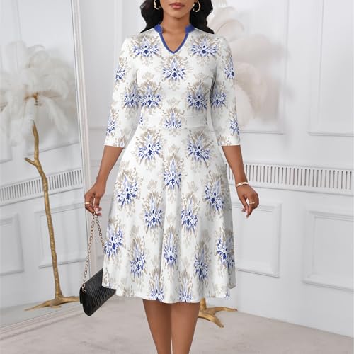 Image of PinkPatty Women's Casual A-line Midi Dresses 3 /4 Sleeve V Neck Fit and Flare Dress with Pockets
