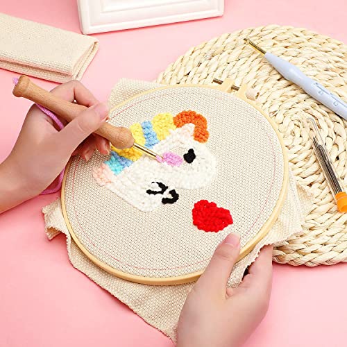 Allazone 17 PCS Punch Needle Embroidery Kits, 3 PCS Plastic Hoops with 3 PCS Punch Needle Cloth, 12 Color Yarn, Punch Needle, Big Eye Needles, Needle Threaders for Punch Needle Kits