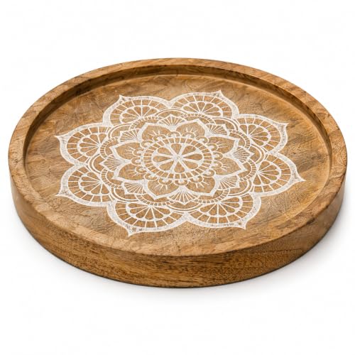 Image of Round Wooden Tray 10 Inch with Mandala Design | Mango Wood Serving Tray for Coffee Table, Snacks, Breakfast & Home Decor | Rustic Decorative Centerpiece Tray for Kitchen & Living Room