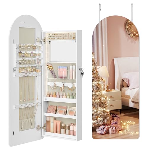 SONGMICS Wide Jewelry Organizer, LED Jewelry Cabinet Wall/Door Mounted, Arched Mirror with Storage,...