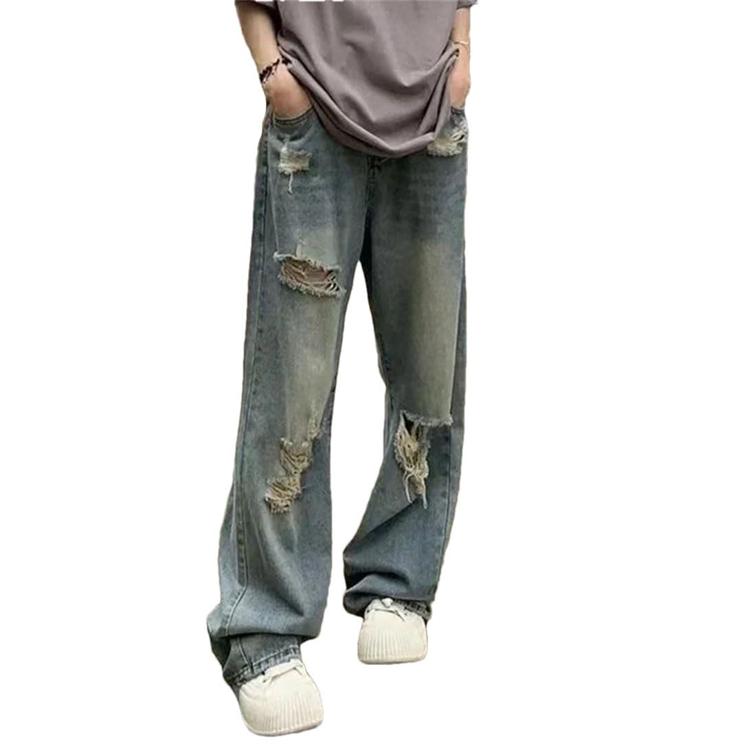 Pantalones de mezclilla para mujer, estilo vintage, holgados, retro, rasgados, pierna ancha, pierna recta, estilo callejero