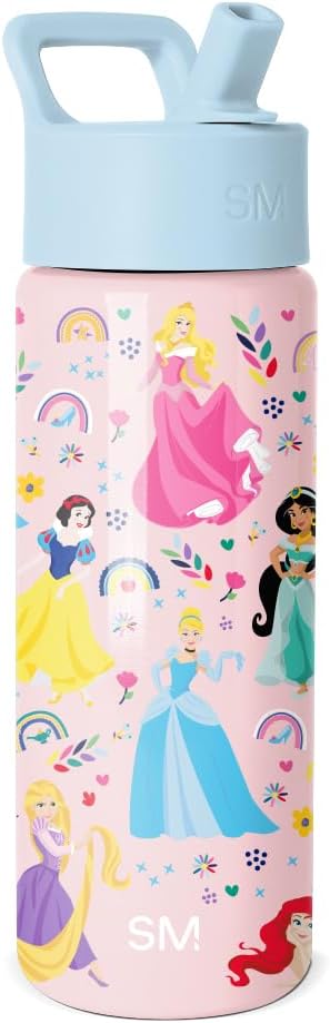 Botella de agua y taza para niños pequeños y modernas de princesas de Disney | 18 onzas | Botella de agua aislada de acero inoxidable Princess Rainbows para niños pequeños, vaso para niños con pajita | A prueba de derrames para niñas y niños de la escuela.