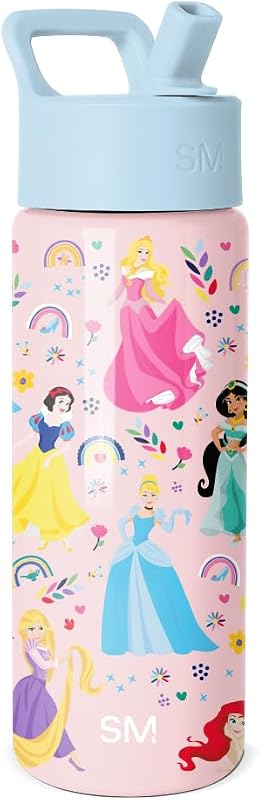 Botella de agua y taza para niños pequeños y modernas de princesas de Disney | 18 onzas | Botella de agua aislada de acero inoxidable Princess Rainbows para niños pequeños, vaso para niños con pajita | A prueba de derrames para niñas y niños de la escuela.