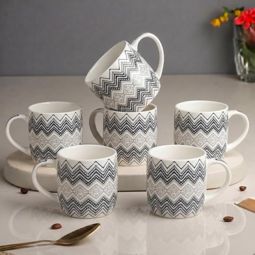 Image of U.P.C. Ceramic Coffee Tea Mugs Set of 6, Printed Tea Cups with Handles, Coffee Cups for Home & Office, Grey Chevron Zigzag Print, Stylish Drinking Cups for Tea, Coffee & Hot Beverages