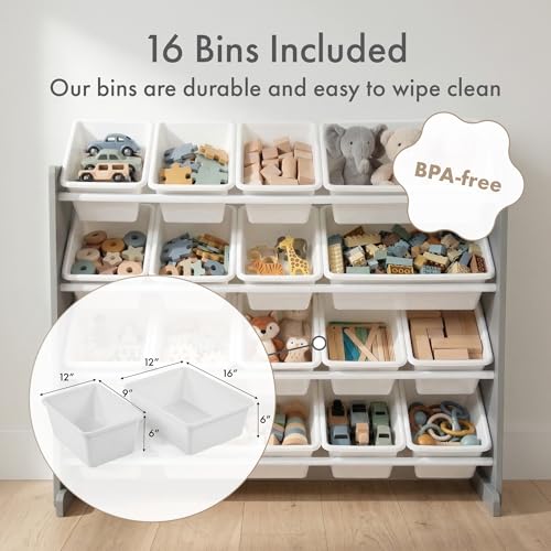 Image of Humble Crew Toy Storage Organizer with 16 Removable Storage Bins for Kids Playroom, 4-Tier Toddler Toy Organization and Storage, Grey /White