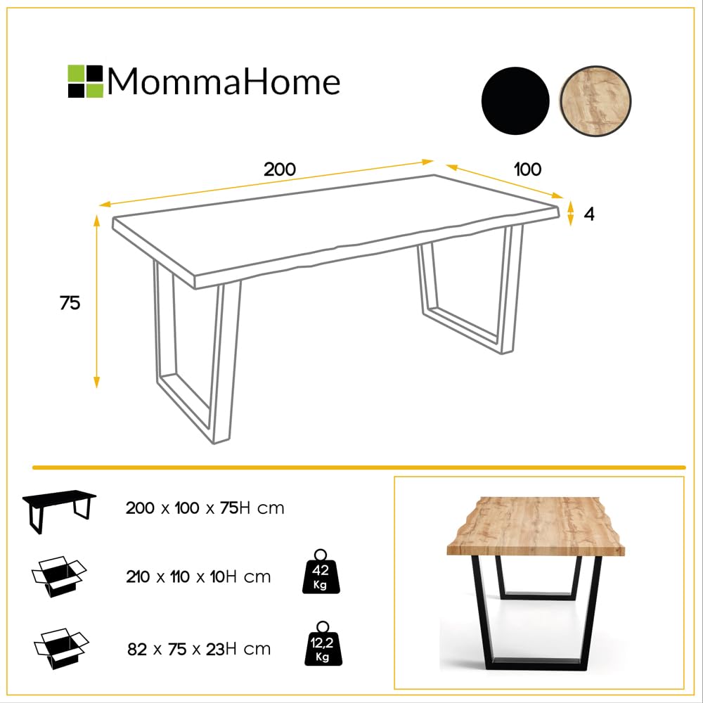MOMMA HOME Mesa Comedor Madera - Mesa Salon Rustica, Mesa Comedor Patas Metálicas/Hierro Negro, Mesa Madera MDF, Comedor, Alaska, Color Roble/Negro (200_X_100_cm)
