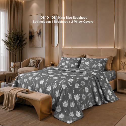 Image of Jaipur Weaves Cotton King Size Bedsheet 108x108 Super King, 100% Pure Cotton Bed Sheet with 2 Pillow Covers, 300 TC Soft Breathable Floral Design Bedding (Grey Tulips, Super King)