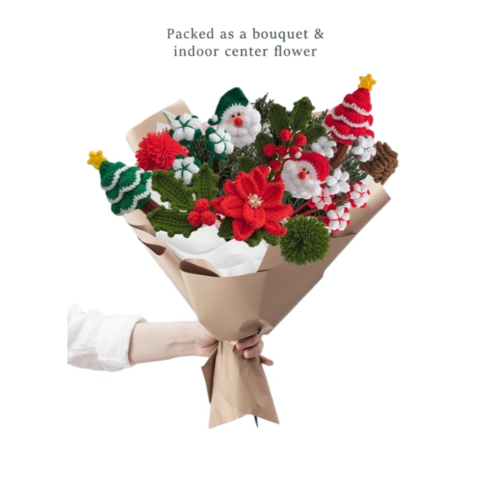 Bouquet de fleurs de Noël fait à la main en laine tricotée - Arrangement floral artificiel - Décoration de table de Noël - Cadeau unique fabriqué à la main pour la famille et les amis