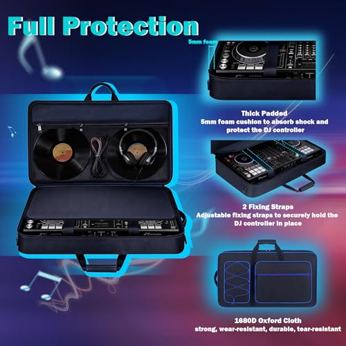 Image of DJ Controller Case Bag Compatible with DDJ-FLX10 / 1000 / 1000SRT / DDJ-GRV6 / REV5 / REV7, Padding Gig Bag with Adjustable Shouldder Strap, DJ Backpack with Multi- Pockets for Gear (Blue, without wheels)