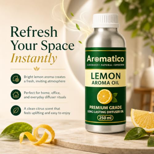 Image of AROMATICO Lemon Diffuser Oil with Strong, Long-Lasting Fragrance for Homes, Offices & Showrooms. For Aromatherapy, Diffusers, Air Purifiers, Vaporizers - 250 ml